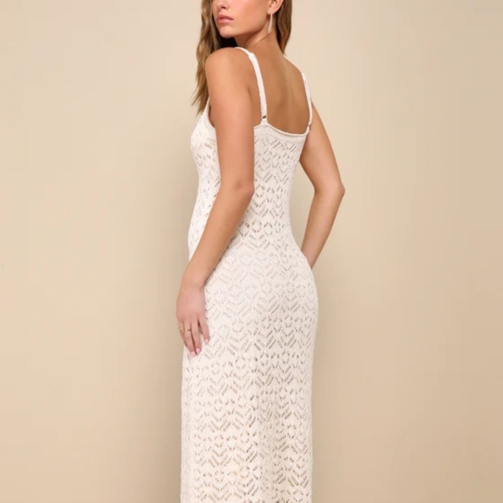 Lulus Sunset Vibes Light Beige Crochet Sleeveless Midi Dress size M - Picture 2 of 6